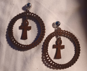 Handmade large wooden clip on ankh hoops