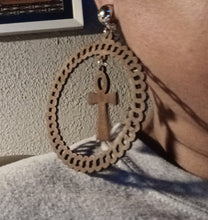 Load image into Gallery viewer, Handmade large wooden clip on ankh hoops
