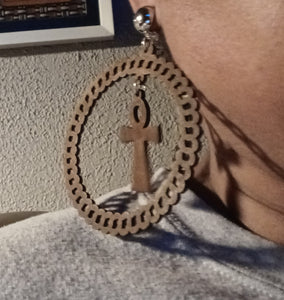 Handmade large wooden clip on ankh hoops