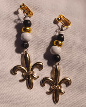 Load image into Gallery viewer, Handmade New Orleans Saints Fleur-de-lis clip on earrings
