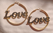 Load image into Gallery viewer, Large gold Love nameplate hoops
