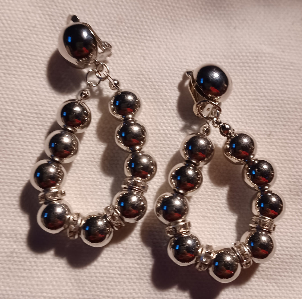 Silver ball bead clip on hoops