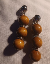Load image into Gallery viewer, Wood bead and rhinestone clip on earrings
