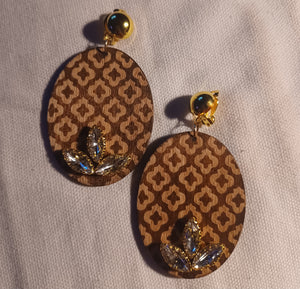Boho wood and rhinestone clip on earrings