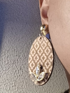 Boho wood and rhinestone clip on earrings