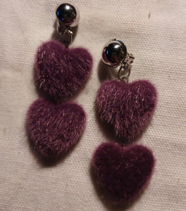 Faux fur clip on heart earrings