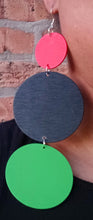 Load image into Gallery viewer, Red black and green wooden disc earrings
