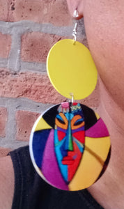 Colorful tribal mask wooden earrings