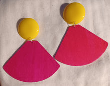 Load image into Gallery viewer, Giant colorblock pop art wood and acrylic clip on earrings
