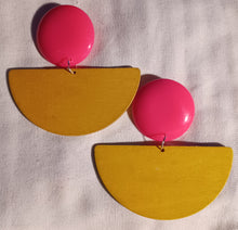 Load image into Gallery viewer, Giant colorblock pop art wood and acrylic clip on earrings
