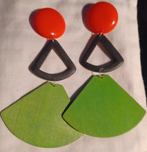 Load image into Gallery viewer, Giant colorblock pop art wood and acrylic clip on earrings
