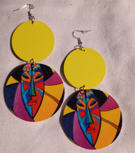 Colorful tribal mask wooden earrings