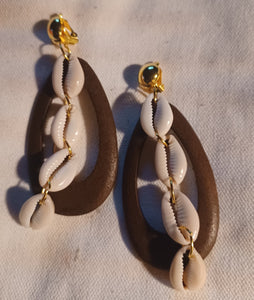 Handmade wood and cowrie shell hoop clip on earrings