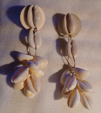 Load image into Gallery viewer, Handmade wood and cowrie dangle earrings
