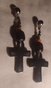 Handmade Hematite and wood clip on Ankh Earrings