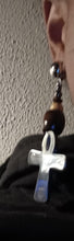Load image into Gallery viewer, Handmade Hematite and wood clip on Ankh Earrings
