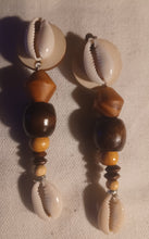 Load image into Gallery viewer, Handmade wood and cowrie clip on earrings
