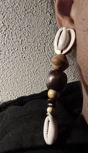 Handmade wood and cowrie clip on earrings
