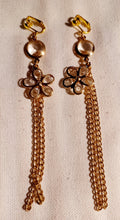 Load image into Gallery viewer, Handmade gold chain and crystal daisy clip on earrings
