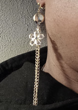 Load image into Gallery viewer, Handmade gold chain and crystal daisy clip on earrings
