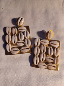 Handmade Abstract wood and cowrie clip on earrings