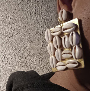 Handmade Abstract wood and cowrie clip on earrings