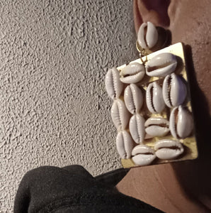 Handmade Abstract wood and cowrie earrings