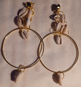 Handmade cowrie clip on hoops