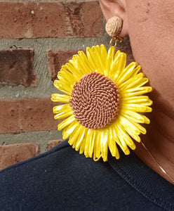 Natural raffia handmade sunflower clip on earrings