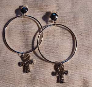 Handmade rhinestone Ankh Clip on hoops