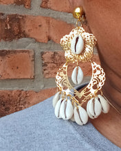 Load image into Gallery viewer, Handmade cowrie shell chandelier clip on earrings
