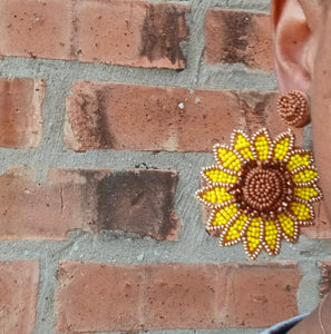 Hand beaded sunflower clip on earrings