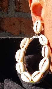 Handmade Clip on cowrie shell hoops