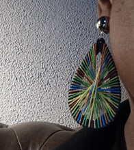 Load image into Gallery viewer, Handmade colorful silk thread and wood Mondrian clip on earrings
