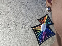 Load image into Gallery viewer, Handmade colorful silk thread and wood Mondrian clip on earrings
