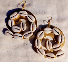 Load image into Gallery viewer, Handmade large Abstract wood and cowrie earrings
