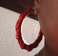 Load image into Gallery viewer, Red faux leather bamboo hoops
