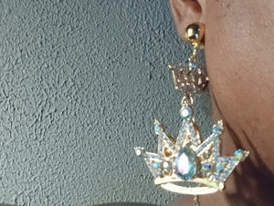 Handmade rhinestone queens crown clip on earrings