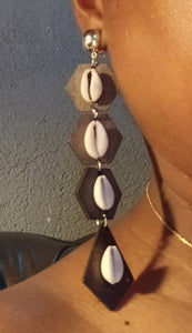 Handmade lightweight wood and cowrie clip on earrings