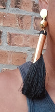 Load image into Gallery viewer, Long black and gold tassel clip on earrings
