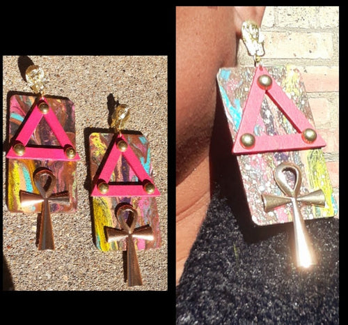 Abstract Handpainted Ankh Pyramid and Pharaoh Earrings Kargo Fresh