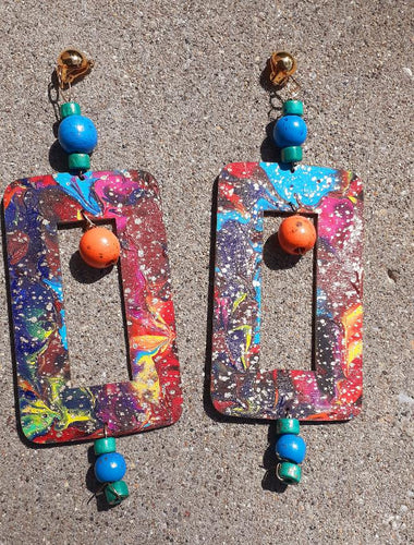 Abstract Handpainted Design Wooden Clip on Earrings Kargo Fresh