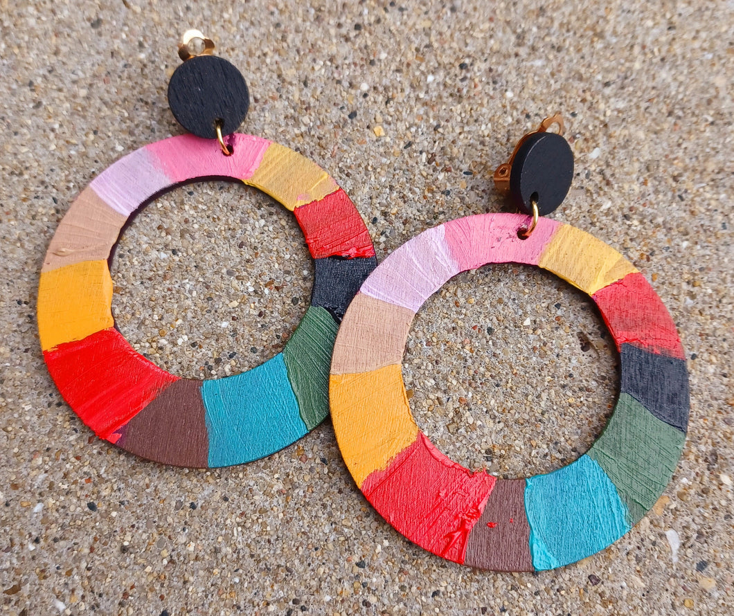 Abstract Handpainted Design Wooden Clip on Earrings Kargo Fresh