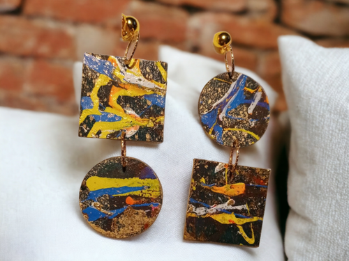 Abstract Handpainted Design Wooden Clip on Earrings Kargo Fresh