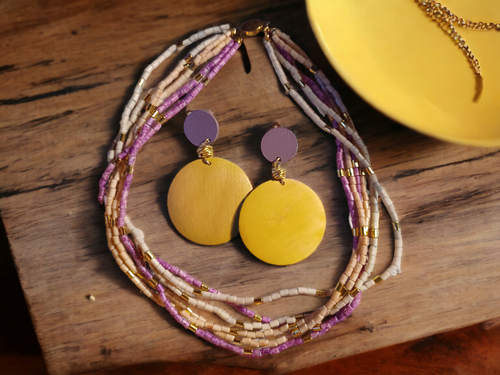 Acrylic Bead  Multi Strand Layering Necklace and custom clip on earrings set Kargo Fresh