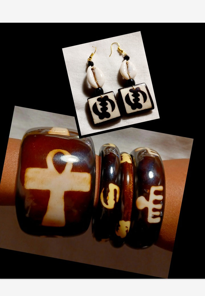 Adinkra and Ankh Bangle and earrings set Kargo Fresh