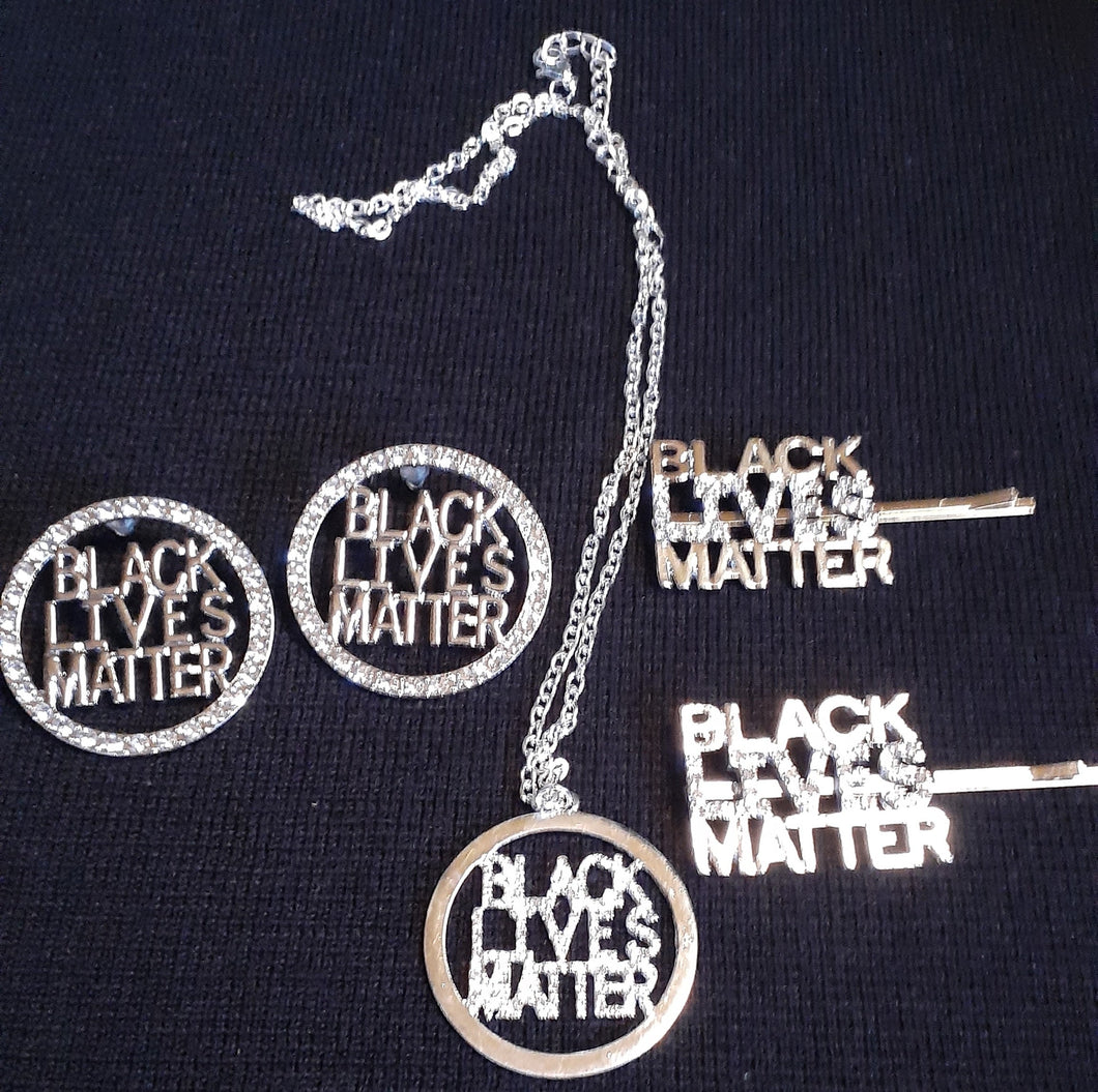 Afrocentric Black Lives Matter Rhineston Earrings Necklace and Hair Clips Set Kargo Fresh