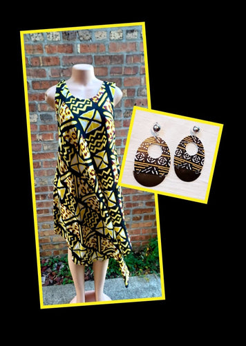 Beautiful Mudcloth Print Midi  Kaftan and earrings set  Free Size Kargo Fresh