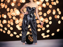 Load image into Gallery viewer, Black faux patent leather Sweetheart Jumpsuit M Kargo Fresh
