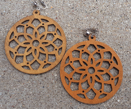 Boho Flower Design Clip on Wooden Earrings Kargo Fresh